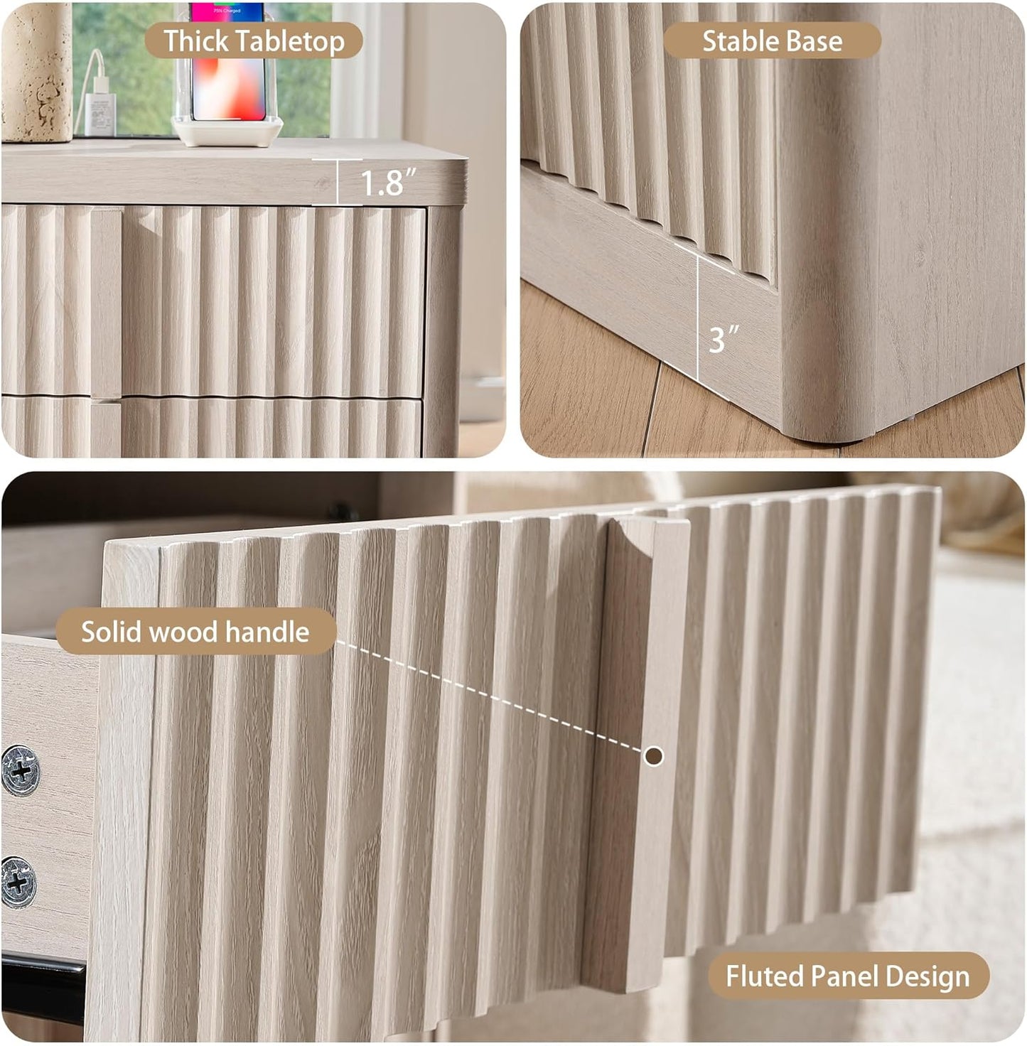23.6" Nightstand Set of 2 with Charging Station, Side Table with 3 Large Storage Drawers, Mid Century Modern Night Stand with Solid Wood Handle, Bedside End Table for Bedroom, Living Room