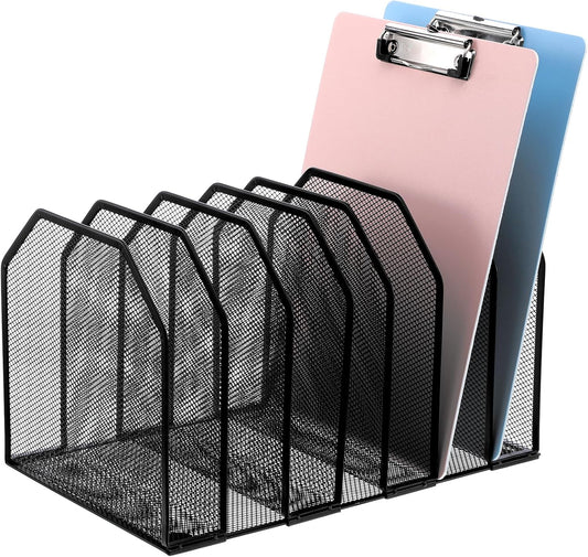 Metal Mesh File Organizer, Adjustable 7 Section Vertical Desk File Holder, Black Office Heavy-Duty Document Sorter for Books Binders, Laptops