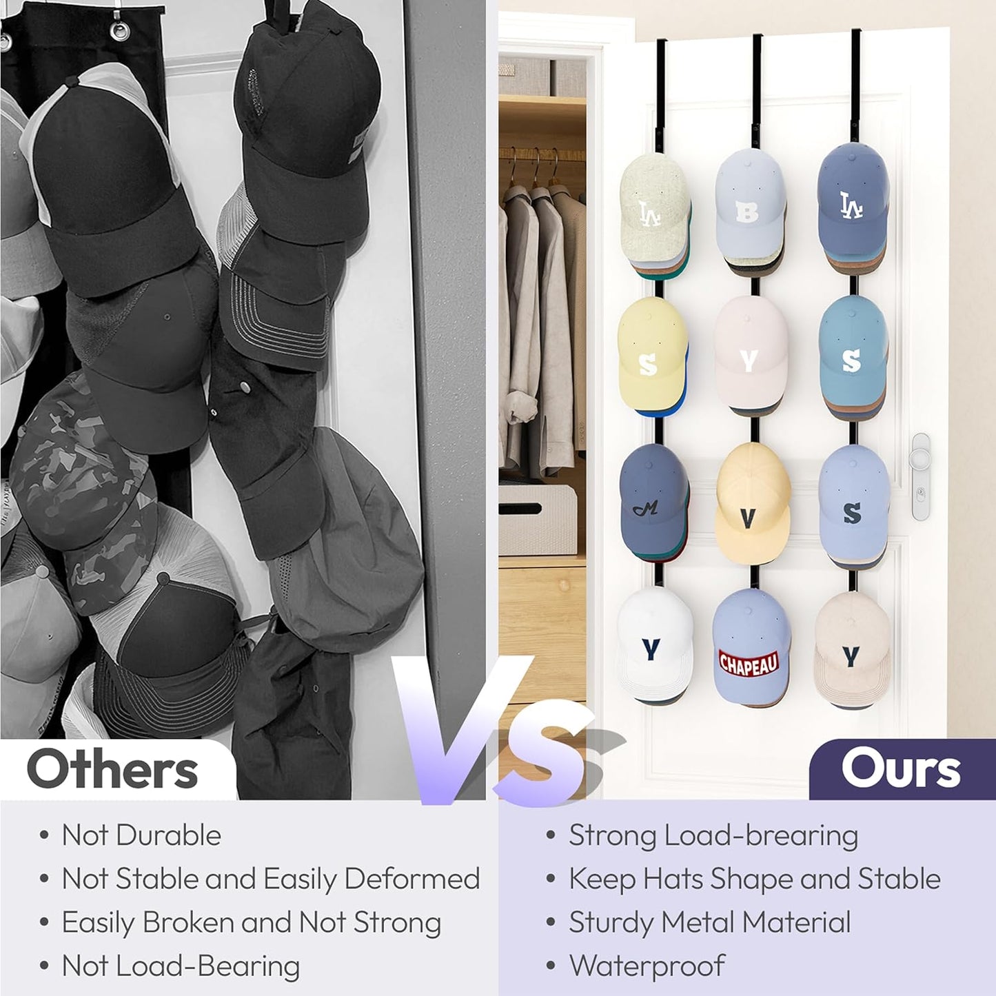 SWTYMIKI Over Door Hat Rack - 3 Packs Metal Hanging Hat Organizer with 12 Hooks Design, Baseball Cap Hanger Organizer Storage Holds up to 60 Caps for Door, Bedroom, Closet