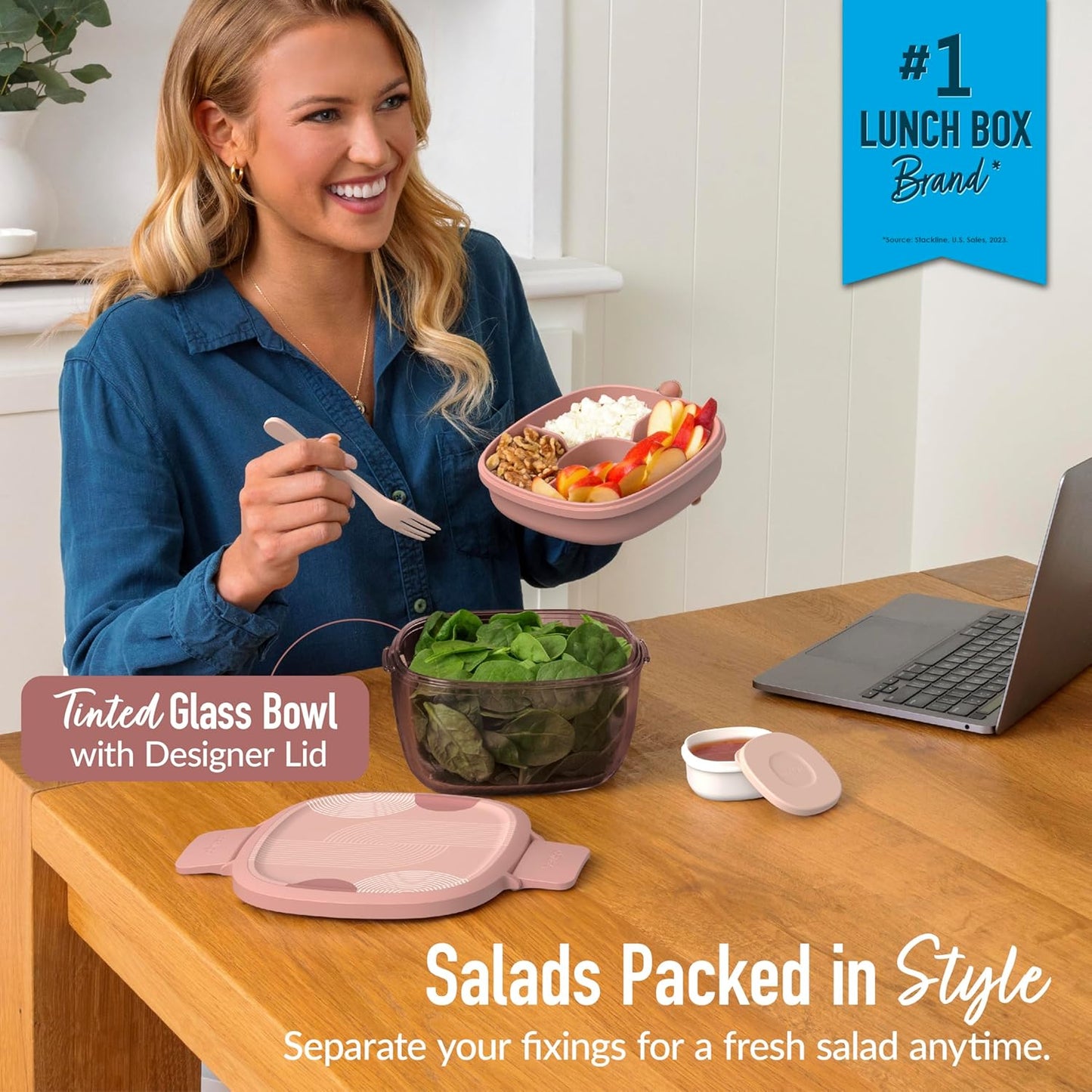 Bentgo Glass Prints All-in-One Salad Container - 61oz Tinted Glass Salad Bowl with Lid, Bento-Style Tray, Sauce Container, & Reusable Fork - Dishwasher & Microwave Safe (Mod Curve - Desert Rose)