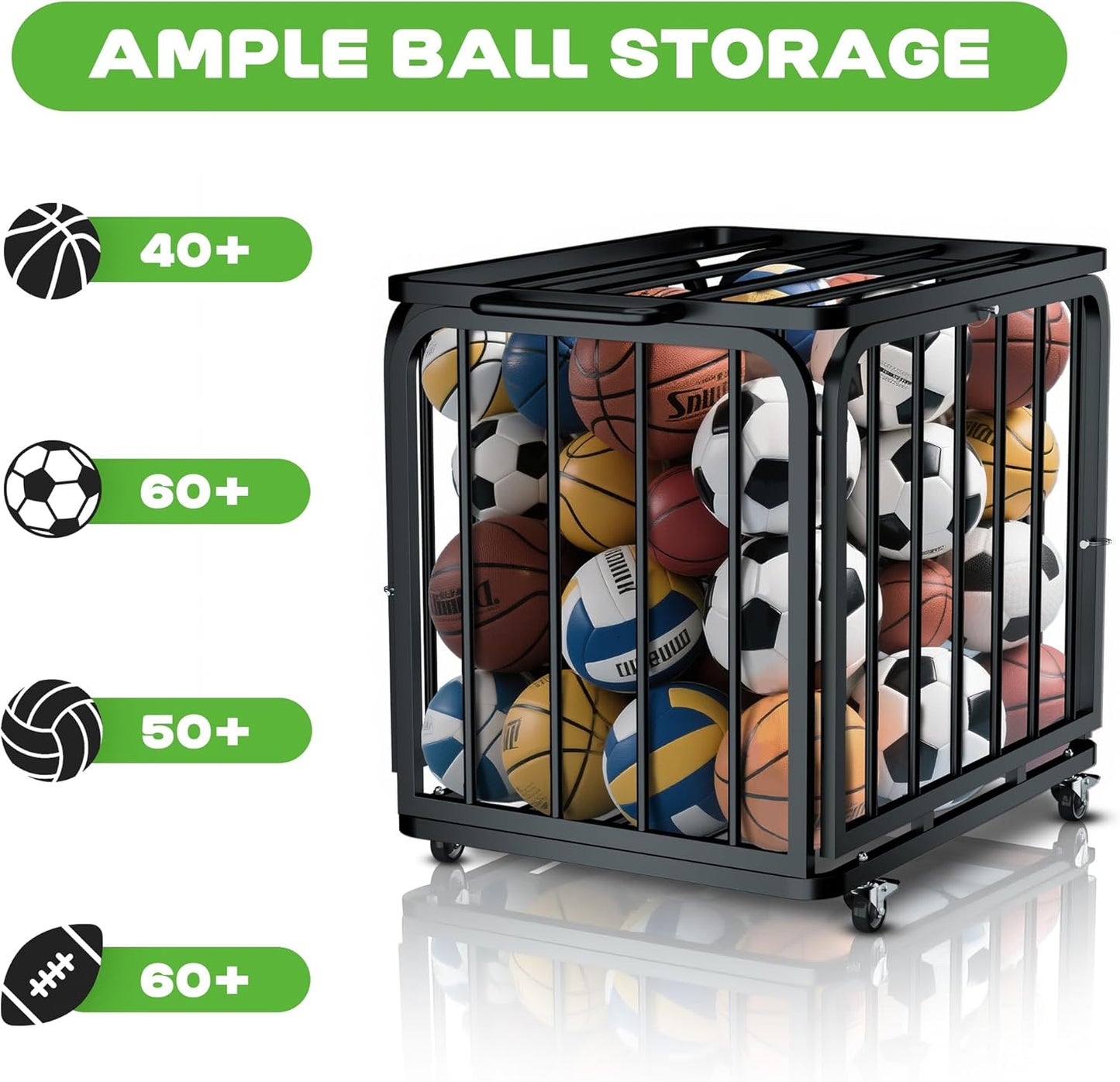 MR Foldable Ball Cart with Wheels, Heavy-Duty Ball Cage Garage Sports Equipment Organizer, Collapsible Metal Rolling Multi Sports Ball Storage for Gym, Lockable Lid, Indoor and Outdoor