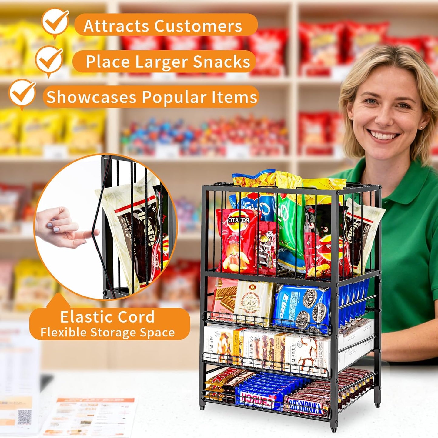 Candy Display Rack, 4 Tier Snack Organizer for Countertop, Potato Chip Bag Holder with Elastic Rope Frame, Snack Bar Station, Retail Display Shelf for Store, Pantry, Office (Black)