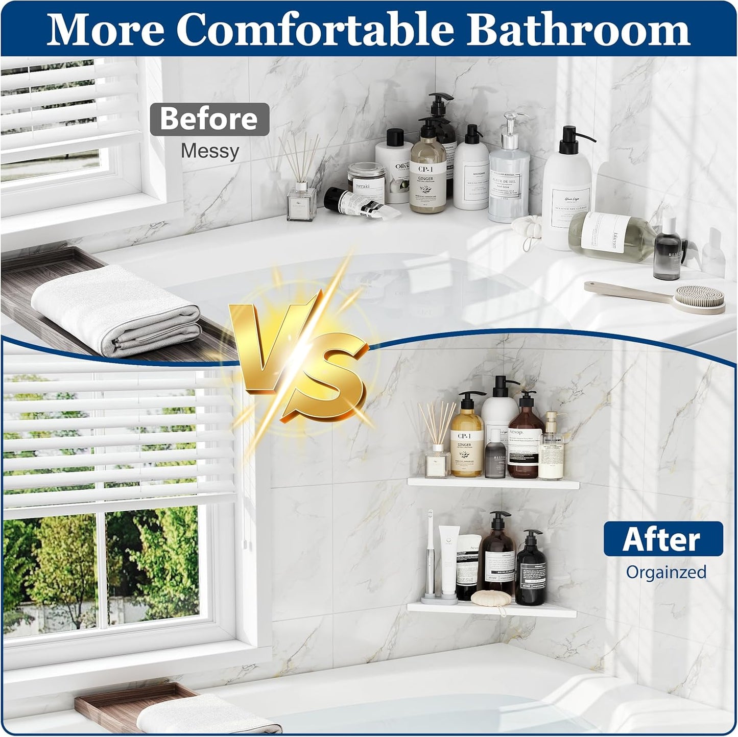 Corner Shower Shelves, 10” Recessed Tile Shower Shelf, 304 Stainless Steel Grout in Corner Tile Shower Shelves, No Drilling, Matte White, 2 Pack