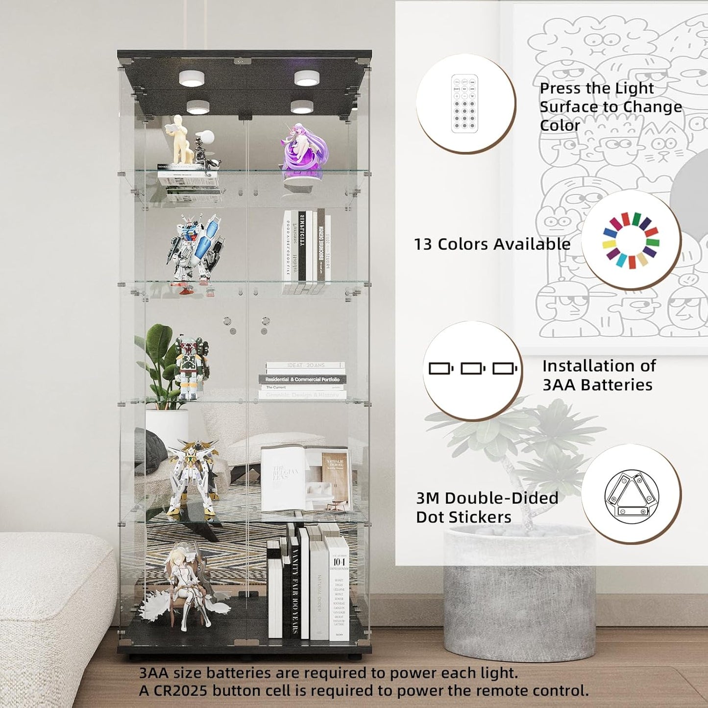 Beauty4U Glass Display Cabinet with LED Lights and Mirror, 5 Shelves with 2 Doors, Curio Cabinets for Living Room, Bedroom, Office, Black Floor Standing Glass Bookshelf, Quick Installation