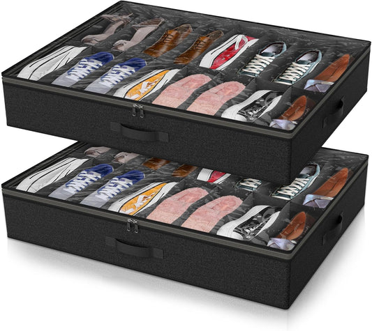 2 Pack Under Bed Shoe Storage Organizer for Closet, Fits Total 32 Pairs Foldable Underbed Shoes Containers Boxes Under the Bed Storage Bedding with Sturdy Handles&Clear Window for College Dorms, Black