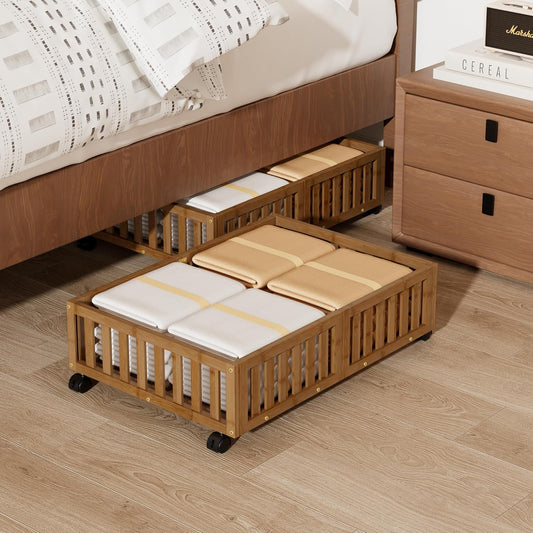 Bamboo Under Bed Storage with Wheels,Rolling Underbed Shoe Organizer Box for Shoes,Blankets,Toys,Clothes Container Space-Saving Bins for Bedroom,Closet,Dorm,Nursery