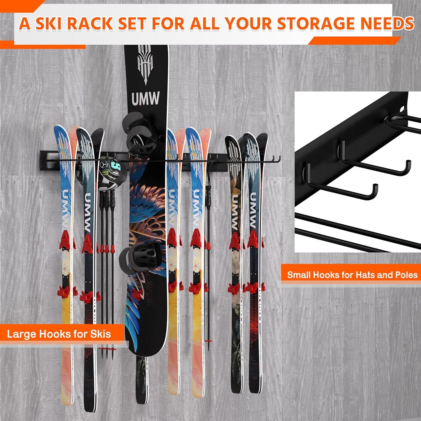 Ultrawall Wall Mount Ski Rack, Garage Ski Storage Rack, Ski Hangers For 8 Pairs of Skis