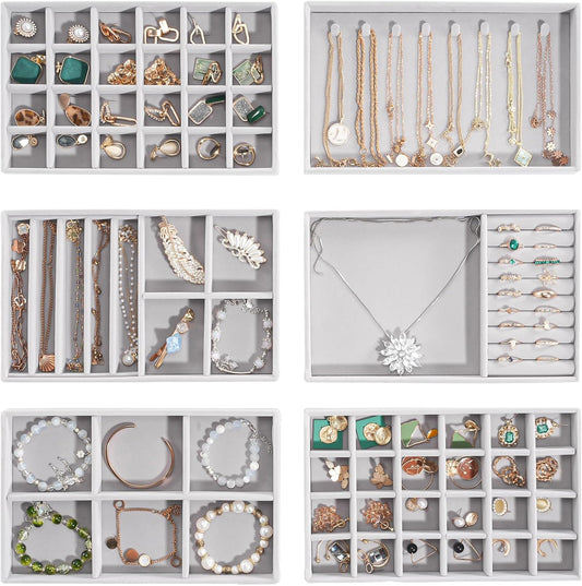 ProCase Stackable Jewelry Organizer Trays for Drawers, Jewelry Drawer Inserts Container Display Case Storage for Earring Necklace Rings Bracelet with Removable Dividers -Grey, 6 Layers