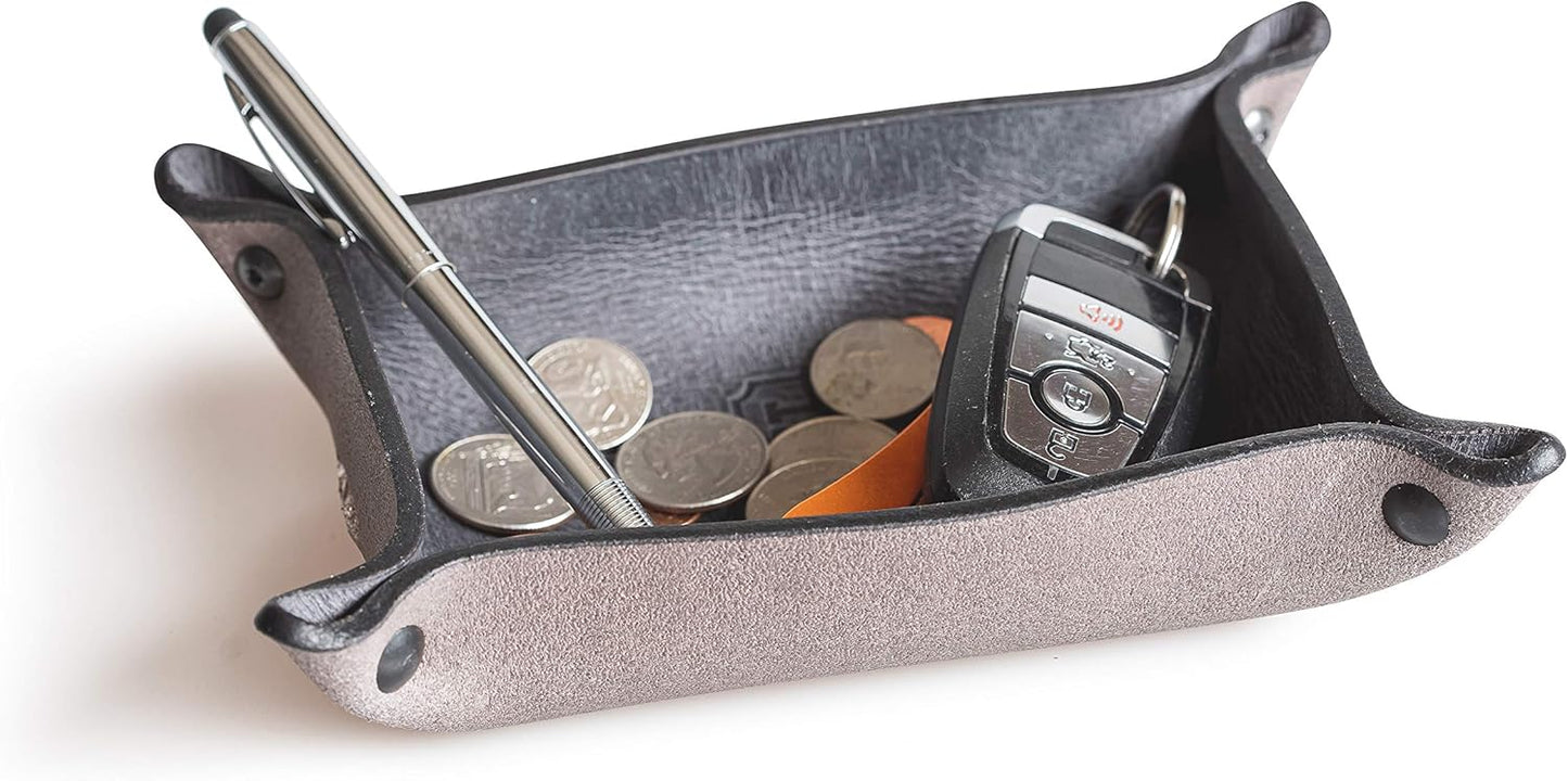 Main Street Forge Leather Valet Tray for Men – Rustic EDC Organizer for Keys, Phone & Wallet – Made in USA – Avalanche Gray