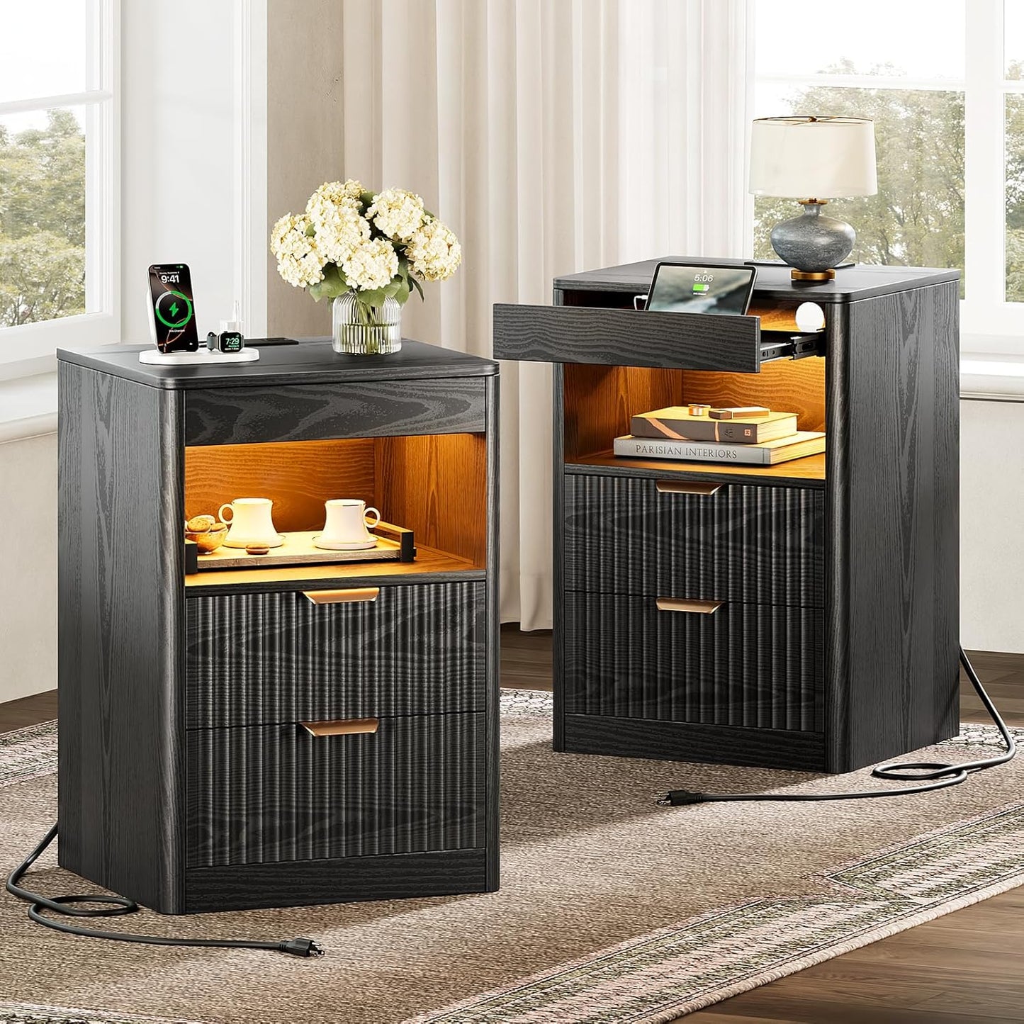 REAHOME Fluted Nightstand Set of 2 with Charging Station, Modern LED Night Stand with 2 Drawers and Pull Out Tray, Wood Bedside Table, End Side Table with Open Shelf for Bedroom,Black