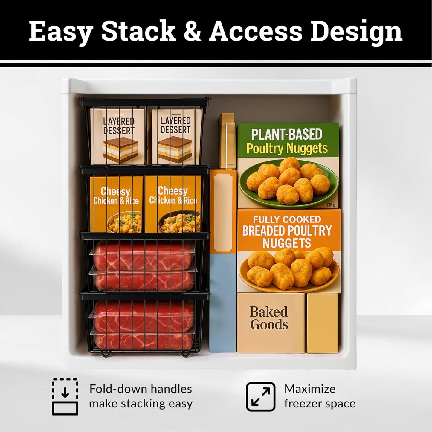 Deep Chest Freezer Organizer Bins – 4-Pack Stackable Chest Freezer Baskets with Dividers, Metal Wire Storage for Frozen Meat, Food – Fits 5–7 Cu Ft Deep Freezer, Kitchen Organization Set, Black, White