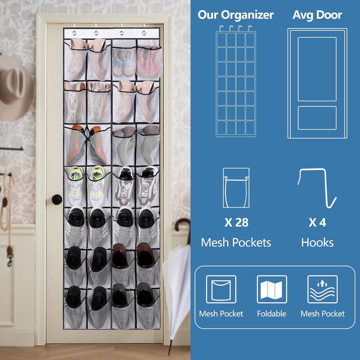Over the Door Shoe Organizer, Hanging Shoe Organizer with 28 Mesh Large Pockets Door Shoe Rack Organizer, Space Saving Hanging Storage Holder, Hangs on Closets for Shoes, Accessories, White