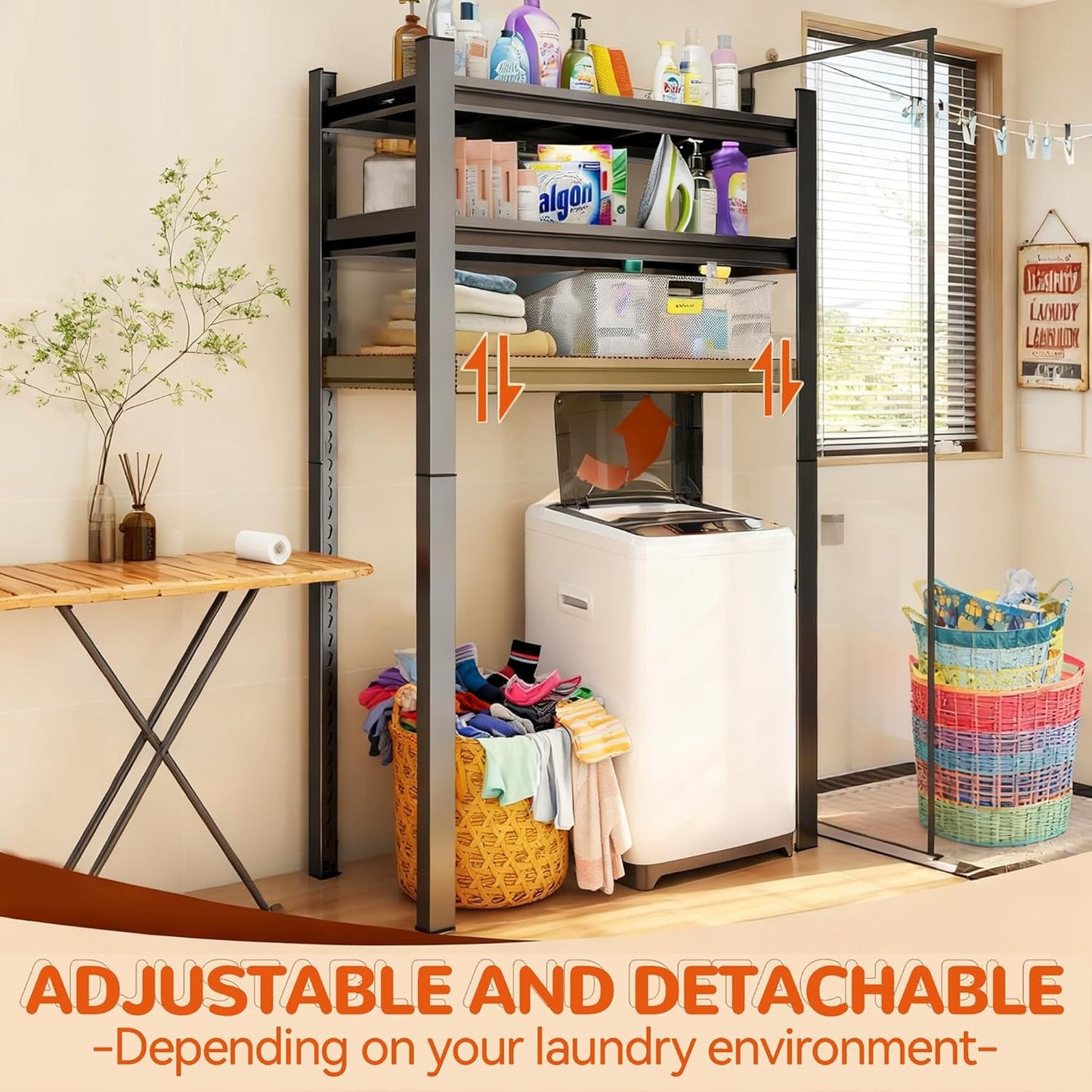 Height-Adjustable Bathroom & Laundry Storage Shelf, 3-Tier Metal Organizer Rack for Washer Dryer, Sturdy Shelving Unit for Bathroom Essentials, 63 x 35.4 x 13.8 Inches