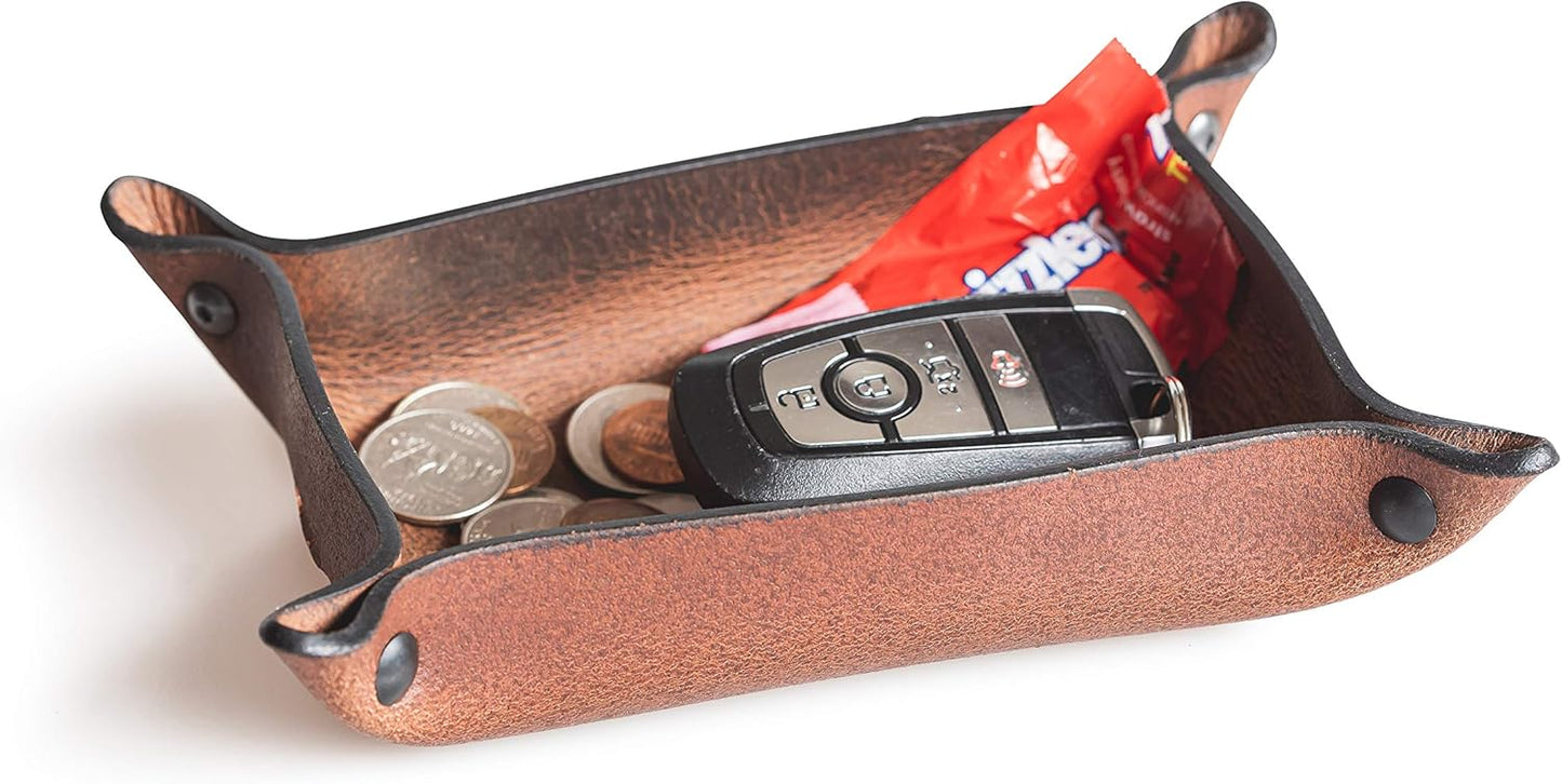 Main Street Forge Leather Valet Tray for Men – Rustic EDC Organizer for Keys, Phone & Wallet – Made in USA – Bootlegger Brown