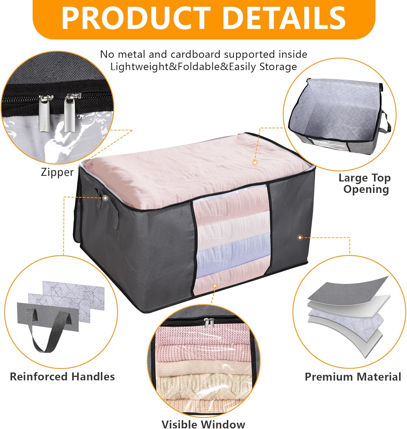 3 Pack Clothes Storage Bags, 90L Large Blanket Storage Bag Comforter Storage Bin with Reinforced Handle and Lid Foldable Closet Organizer and Storage Containers for Bedding Pillows Sheets and Duvet