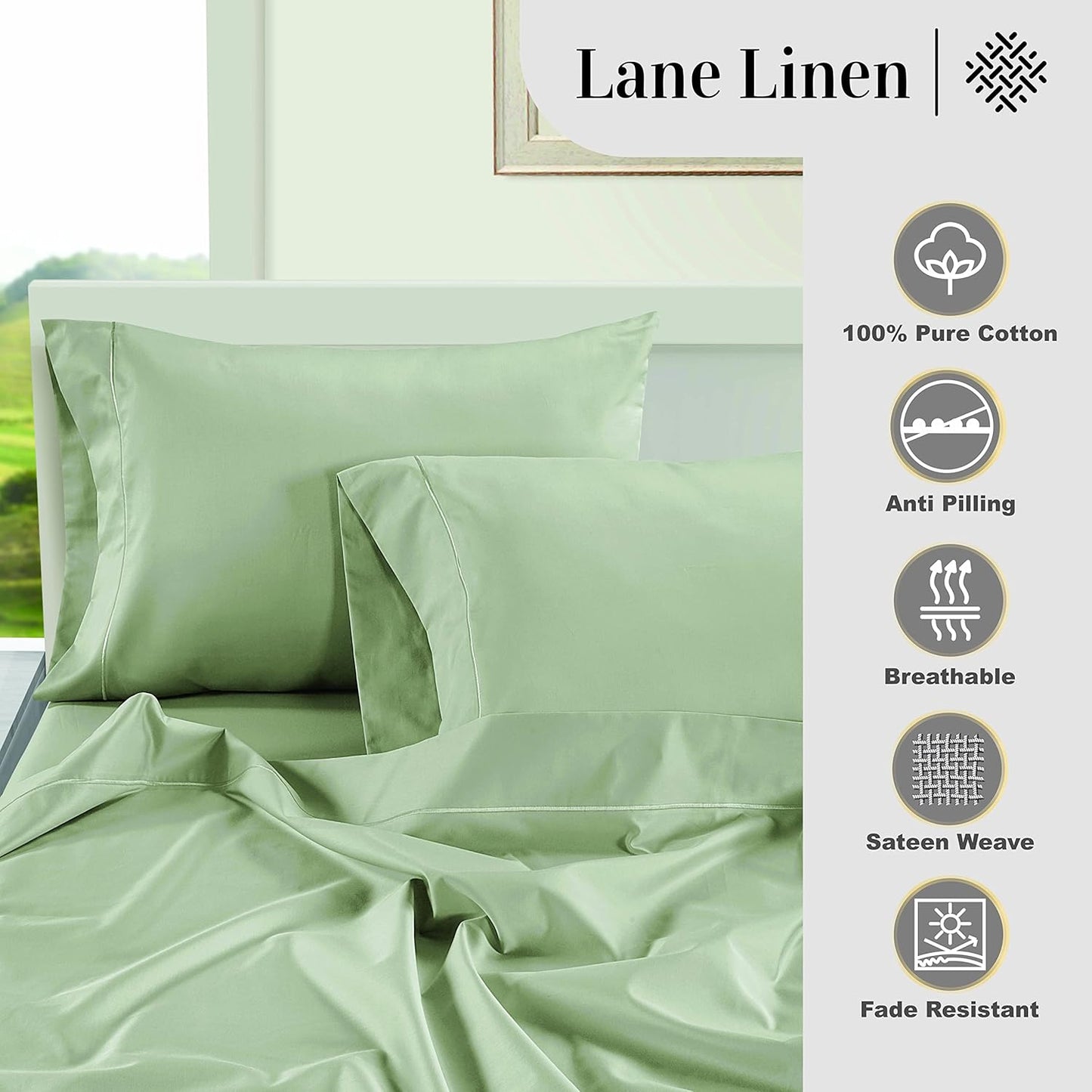 LANE LINEN Pillows Standard Size Set of 2 Soft 100% Egyptian Cotton Sateen 1000 Thread Count Cool & Smooth Pillowcases Queen - Mineral