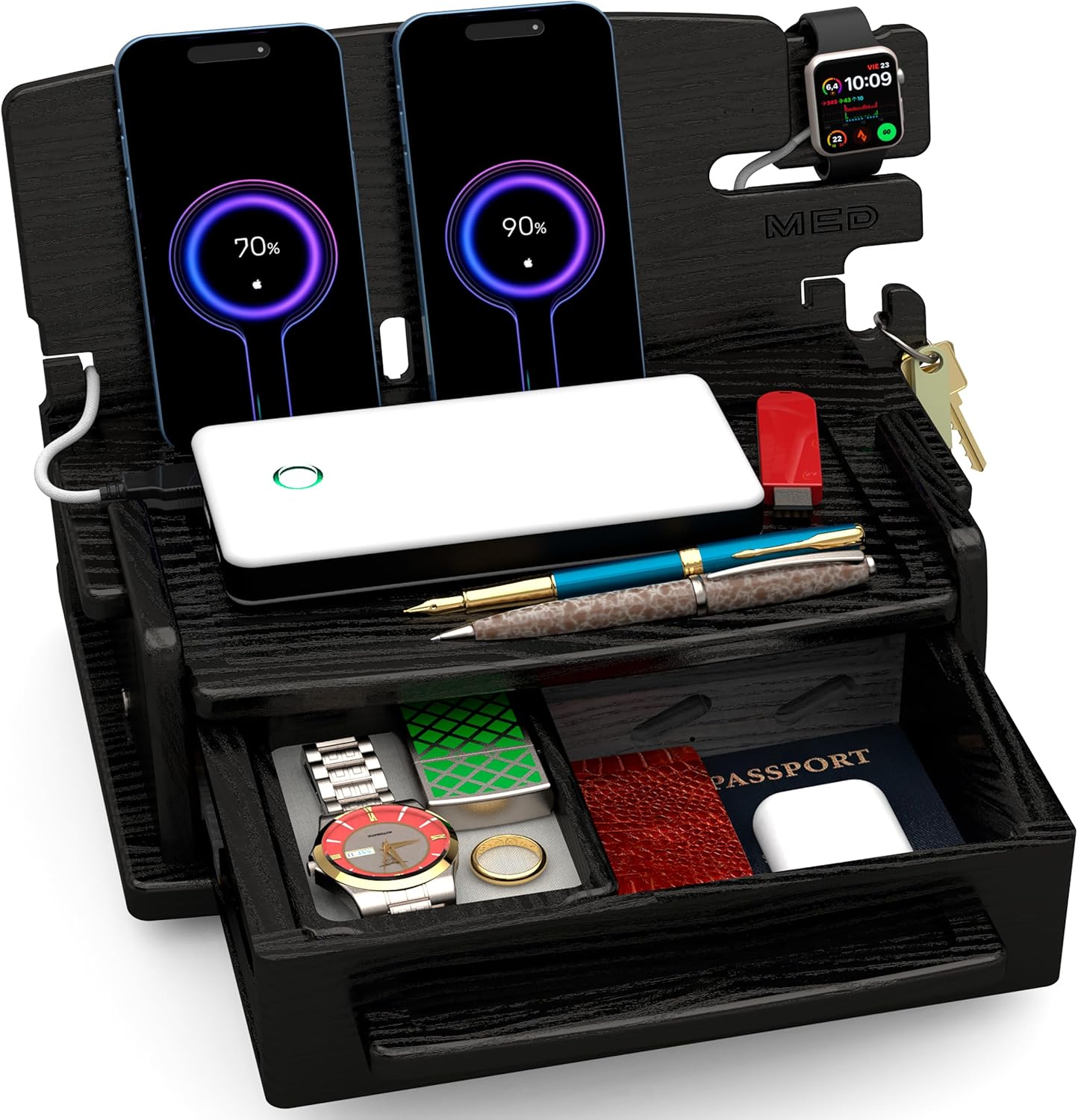 MED Wood Phone Docking Station – Nightstand Desk Organizer for Phone, Watch, Wallet & Tablet – Gift for Men, Husband, Dad & Women – Wooden Charging Stand with Key Holder (Luxury Black, Model 3)