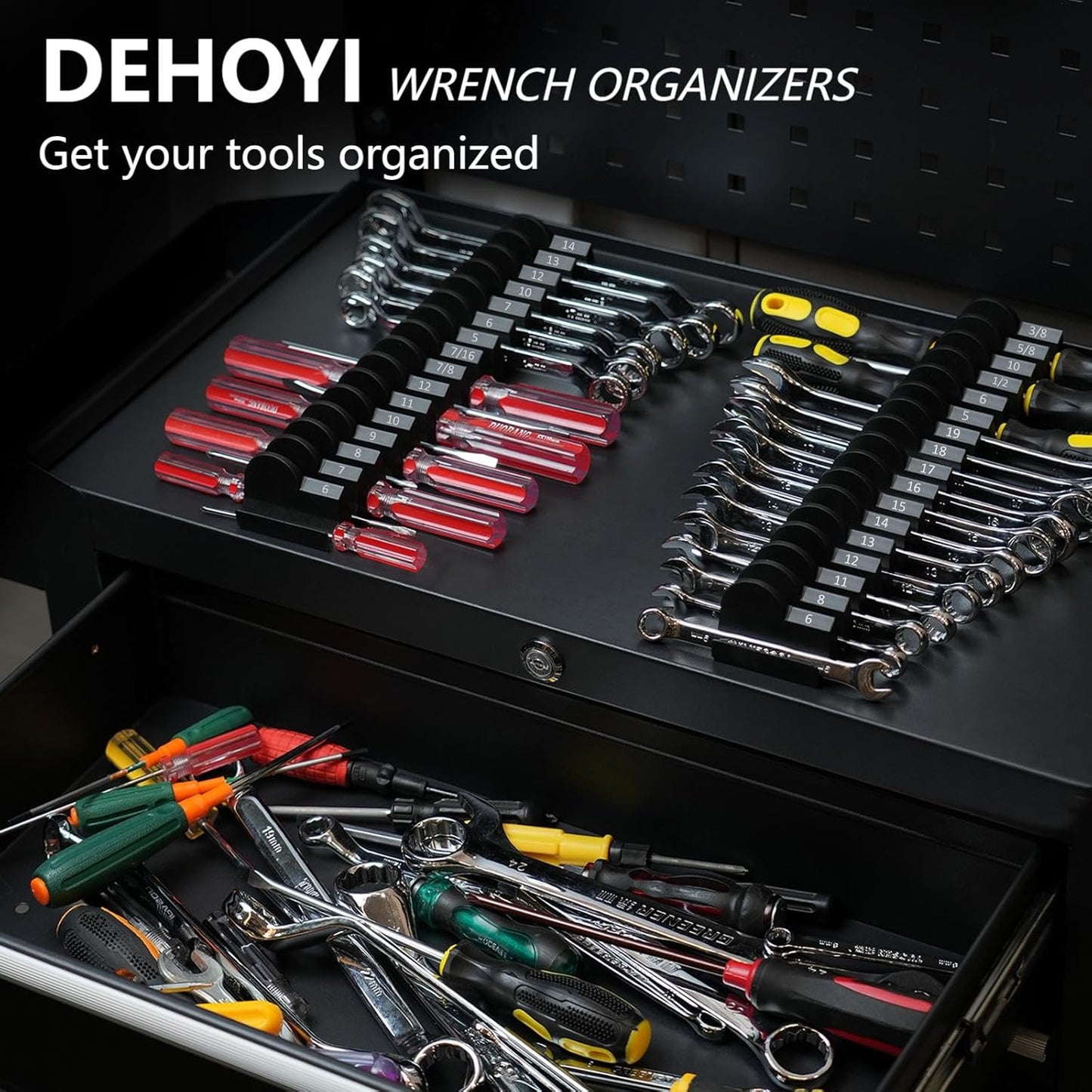 80 pcs MAGNETIC Modular Wrench Organizers for Tool Drawers - Wrench Rack with Metric & SAE Labels, Perfect Tool Storage Holder. Gift for father, brother and boyfriend (With Magent) (Black)