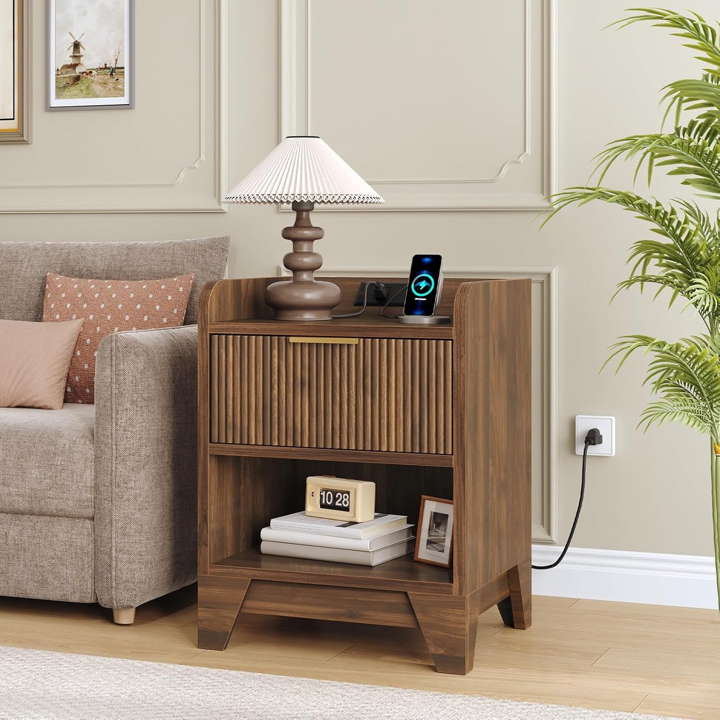 HOOBRO Fluted Nightstand with Charging Station, End Table with Hidden Drawer, Modern Bedside Table, Wooden Night Stand for Bedroom, Study, Dark Walnut WL351UBZ01