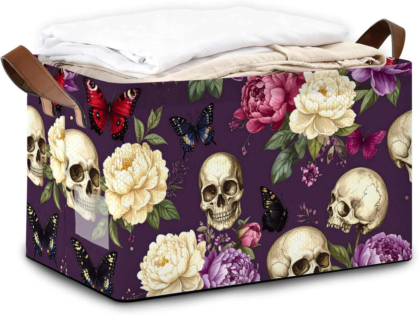 Purple Flower Skeleton Storage Bins with Handles, Collapsible Storage for Clothes, Gift Basket, Blankets & Closet Organization