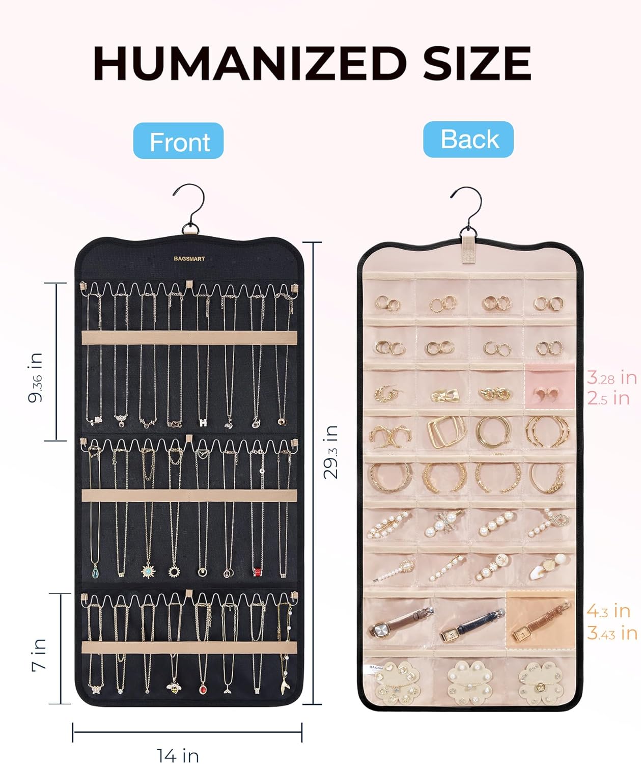 BAGSMART Hanging Jewelry Organizer Storage with Hanger Metal Hooks Double-Sided Jewelry Holder for Earrings, Necklaces, Rings on Closet, Wall, Door, 1 piece Large Black