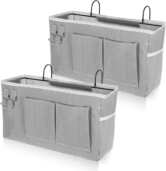 2 Pcs Bedside Caddy Storage Organizer/Bedside Storage Bag - Hanging Bag Holder with Pockets for Bunk and Hospital Beds, Dorm Rooms Bed Rails, Can be Placed Glasses, Books, Mobile Phones, Keys (Gray)