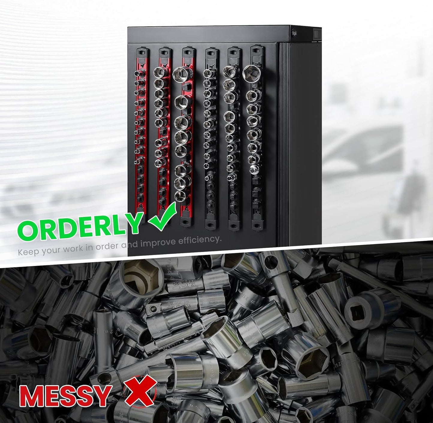 ALOANES 6-Piece Magnetic Socket Organizer, Heavy Duty Aluminum Socket Rails Organizer, 360° Swivel Clips Socket Holder Kit for Tool Box, 1/2, 3/8, 1/4-Inch Socket Holder x 80 Clips (Black)