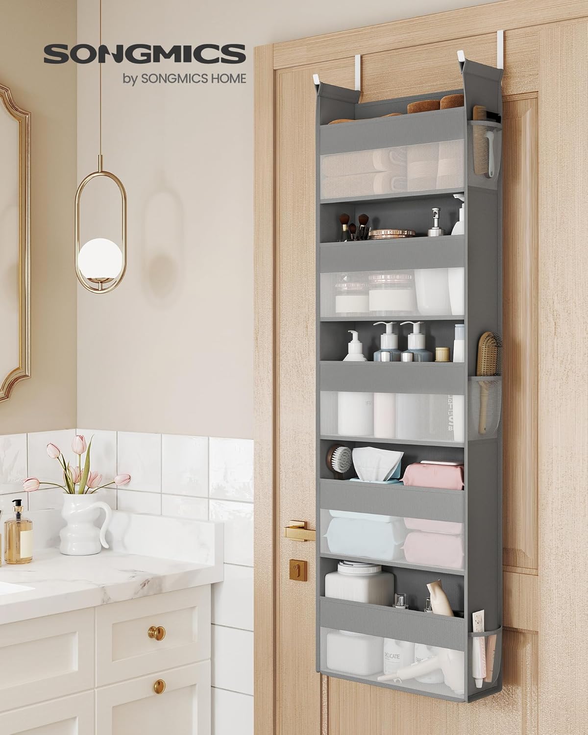 SONGMICS Over The Door Organizers, Set of 2 Hanging Door Organizers with 5 Large Pockets, 5-Tier Fabric Storage, Transparent Nylon Mesh, Foldable, Metal Hooks, with Side Pouches, Dove Gray URDH008G01