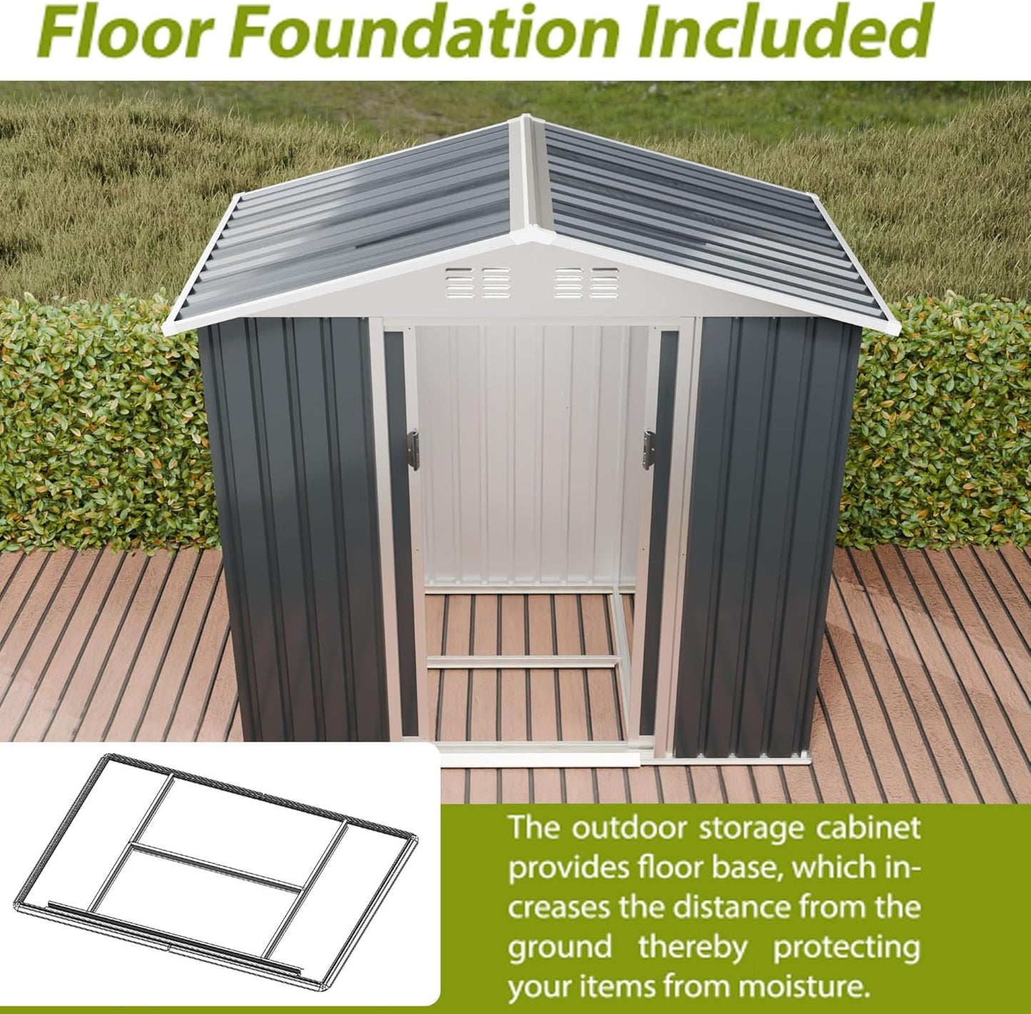 6FT x 4FT Outdoor Sheds Storage Anti-Corrosion Utility Tool House with Lockable Door & Shutter Vents Outdoor Waterproof Garden Tool Metal Storage Sheds（with Metal Foundation）