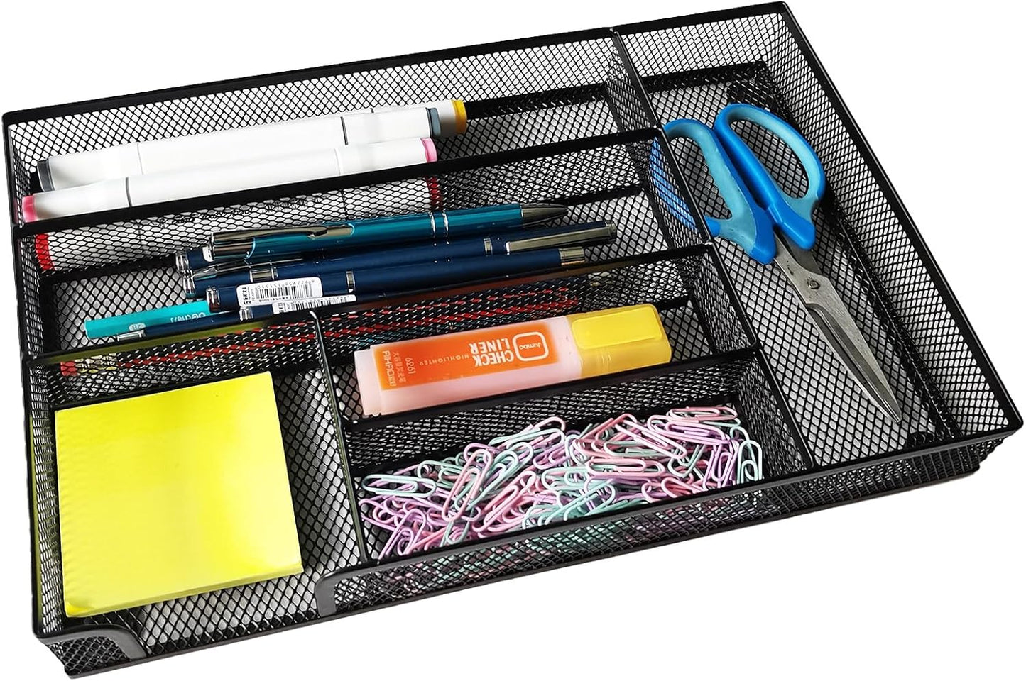 Desk Drawer Organizer Metal Mesh Drawer Organizer Tray for Office School or Home Supplies Desktop Storage Stationery，6 Compartments, 12.6 x 8.27 x 1.57 inch，Black (1pc pack)