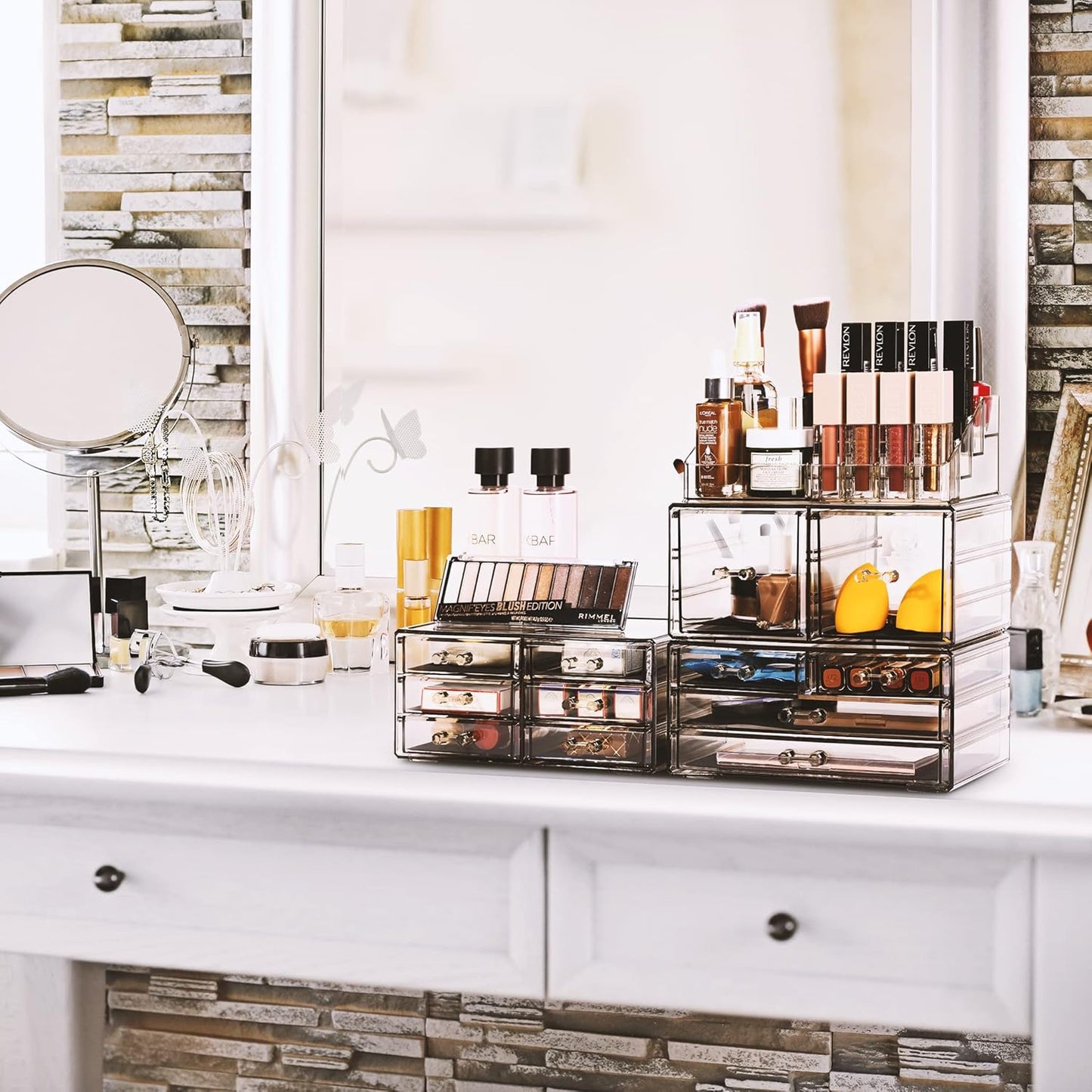 Sorbus Large Makeup Organizer - Clear Stackable Jewelry & Makeup Organizer For Vanity, Bathroom Storage, Dresser - 12 Drawers Cosmetic Beauty Organizers and Storage with Lipstick, Makeup Brush Holder