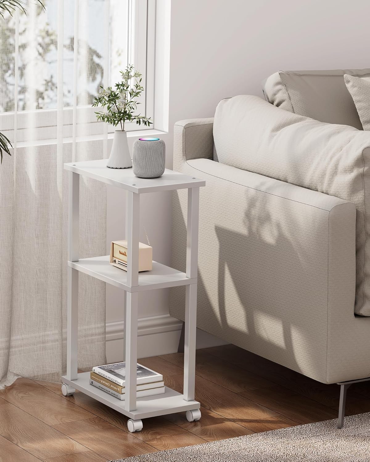 TUTOTAK Small Side Table, Narrow End Table, Bedside Table, Set of 2, Couch Side Table with Wheels for Living Room or Bedroom, White TB01BW0612