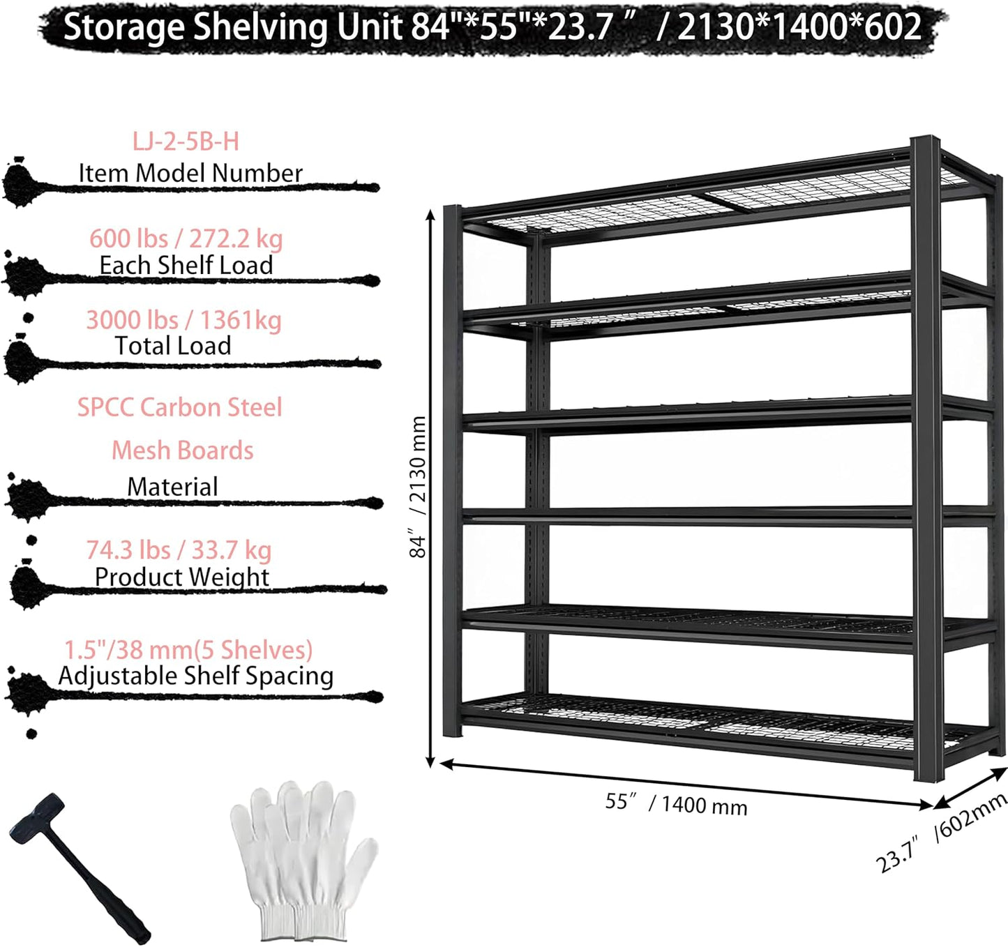 Storage Shelving Unit Heavy Duty Garage Shelves Metal Organizer Utility Rack for Kitchen Pantry Basement Pantry Warehouse Laundry Black 5-Tier 84" H x 55" W x 23.7" D 3000LBS
