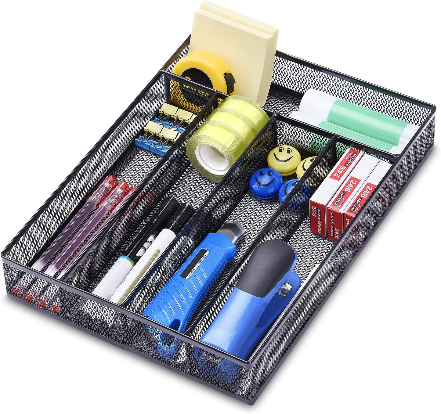 WuGeShop Office Desk Drawer Organizer, 5 Compartments Mesh Drawer Organizer Tray for Storage Art Supplies, Stationery, Black