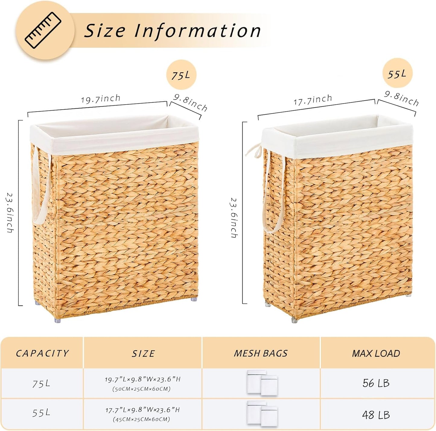Handwoven Slim Laundry Hamper, 55L Narrow Laundry Basket, Natural Water Hyacinth Basket and Handles and Removable Liner Bag & 2 Mesh Bags (Natural, 55L)