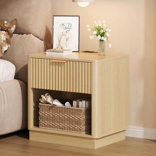 Fluted Nightstand with Charging Station Modern Bedside Table with Drawer and Open Shelf Mid Century End Table with Storage for Bedroom Living Room Sofa Office