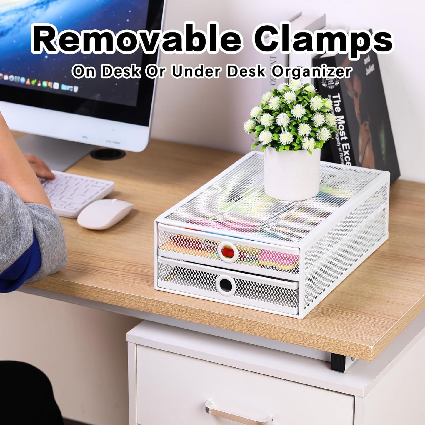 ROSYLINE Under Desk & Desktop Drawer Organizer - 2-Tier Metal Slide Out Drawers Organizer, Storage for Home Office Desk (White)