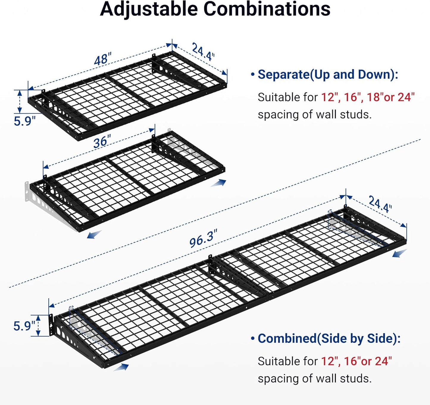FLEXIMOUNTS 2 Pack 2x4ft Garage Storage 24x48 inch Heavy Duty Bike Wall Shelving Rack, 440lbs Total Weight Capacity, Black, Pro Series
