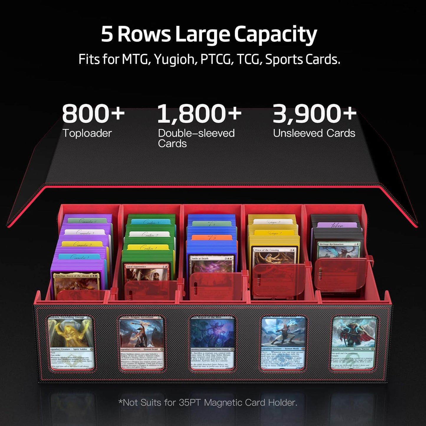 Trading Card Storage Box 5-Row 3900+ Capacity,TCG MTG Card Case with Magnetic Lid & Commander Display,Top Loader Storage for Sports Cards,Includes Dividers Dice Box（Black＆Red）