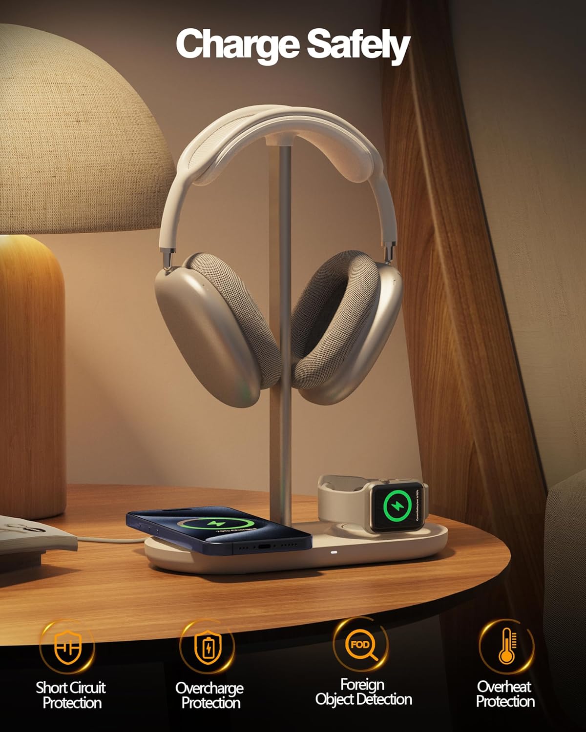 Universal Headphone Stand, Magnetic Wireless Charger for iPhones/AirPods/iWatch, Aluminum Alloy Rod, Leather Pad, ABS Solid Base, White
