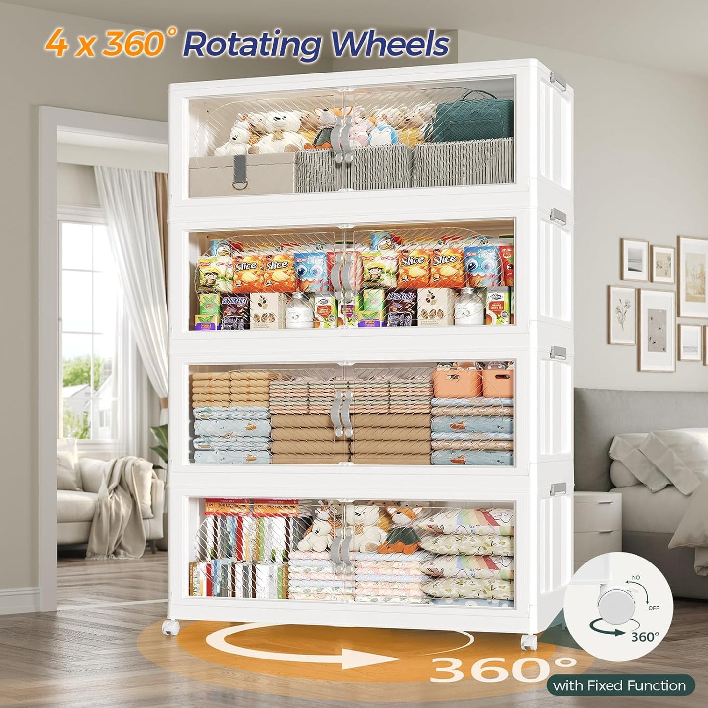 640QT Extra Large Stackable Storage Bins with Lid & Wheels & Doors, 160Gal Foldable Collapsible Closet Organizers, Plastic Cabinet Box Container Drawer for Home Kitchen Bedroom, 4Pack White