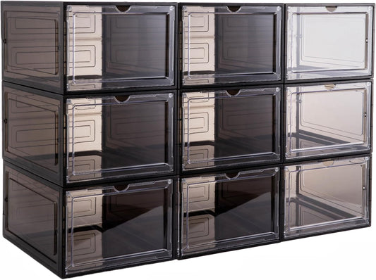 Attelite X-Large Clear Plastic Shoe Boxes - Stackable Shoe Organizer with Magnetic Door, Drop Front Display Box (9 Pack, Clear Black)