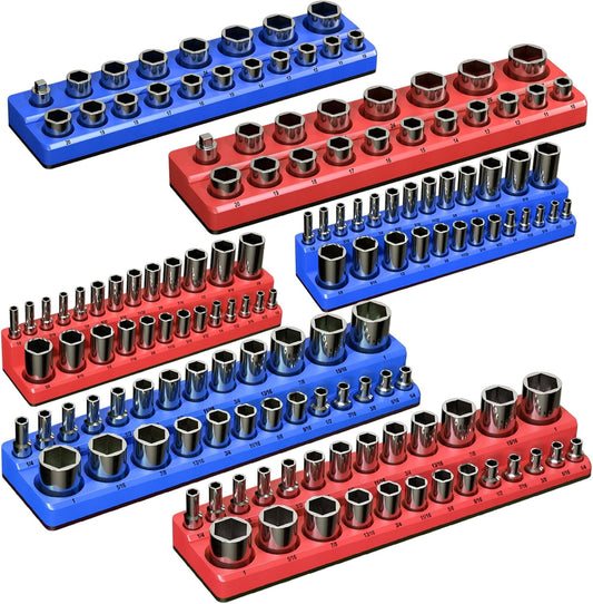 Magnetic Socket Organizer Set, 6-Piece Socket Holder Trays for 1/4" 3/8" 1/2" Drive, Holds up to 143 Sockets, Compatible with Metric and SAE Sizes (Blue & Red)