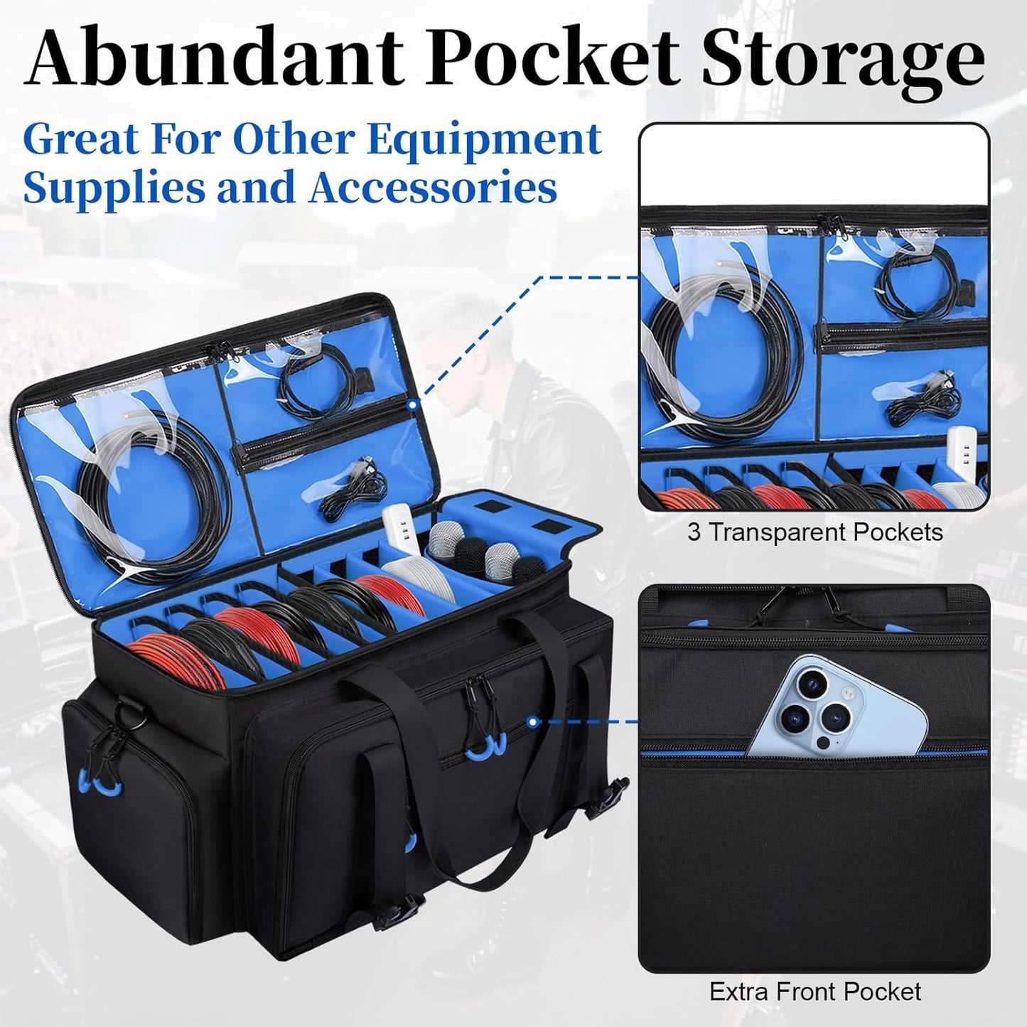 Large Dj Cable Bag with Laptop and Microphone Pocket, Dj Bag for Equipment and Music Accessories with Detachable Dividers, Bottom Pad, Dj Gig Bags for Musicians, Professional, Travel, Blue