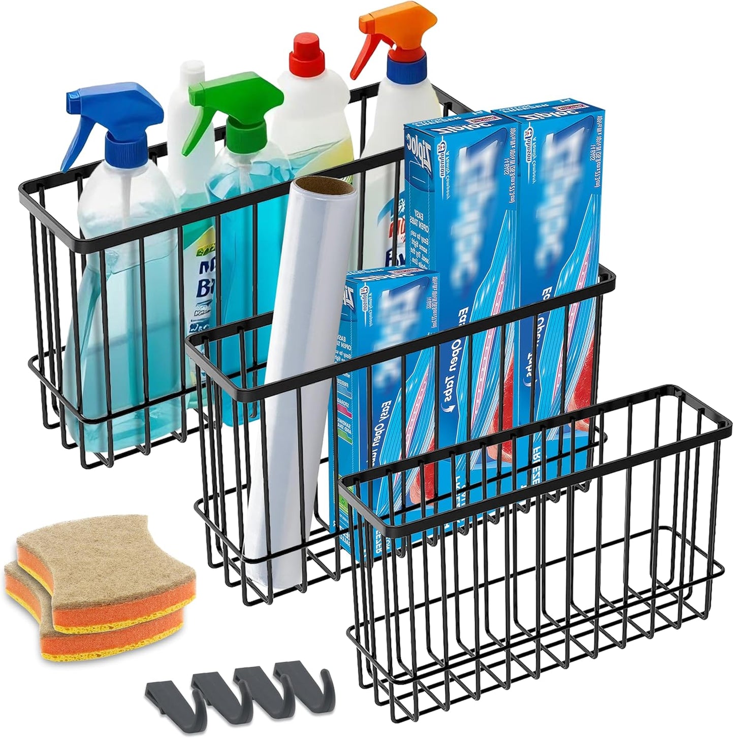 Kitchen Cabinet Door Organizer 3 pack, Lid Organizers Inside Cabinet with 2 Sponges, Foil and Plastic Wrap Organizer with 4 Hooks, for Aluminum Foil, Plastic Wrap, Black, (Small, Medium, Large)