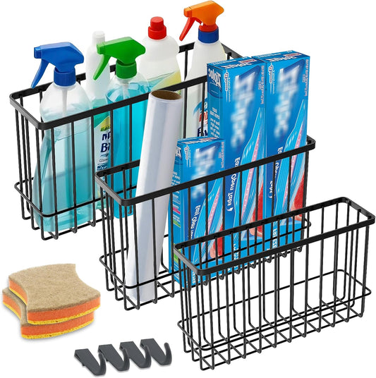 Kitchen Cabinet Door Organizer 3 pack, Lid Organizers Inside Cabinet with 2 Sponges, Foil and Plastic Wrap Organizer with 4 Hooks, for Aluminum Foil, Plastic Wrap, Black, (Small, Medium, Large)
