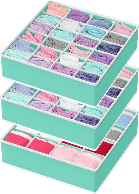 Simple Houseware Sock Drawer Organizer for Dresser/Closet/Bedroom, 3 Pack, Turquoise