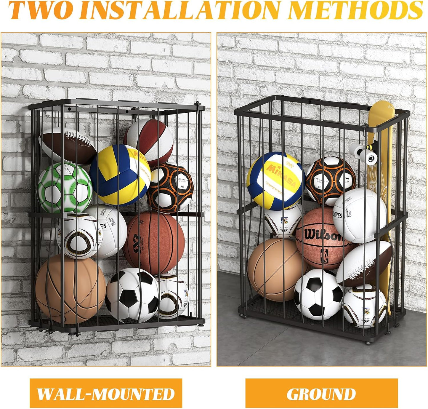 Garage Ball Storage Wall-Mounted & Floor Sports Equipment Organizer: Sports Ball Rack with Elastic Rope, Holder for Basketball, Soccer, Volleyball, Football, Garage, Gym, Black(Patent Pending)