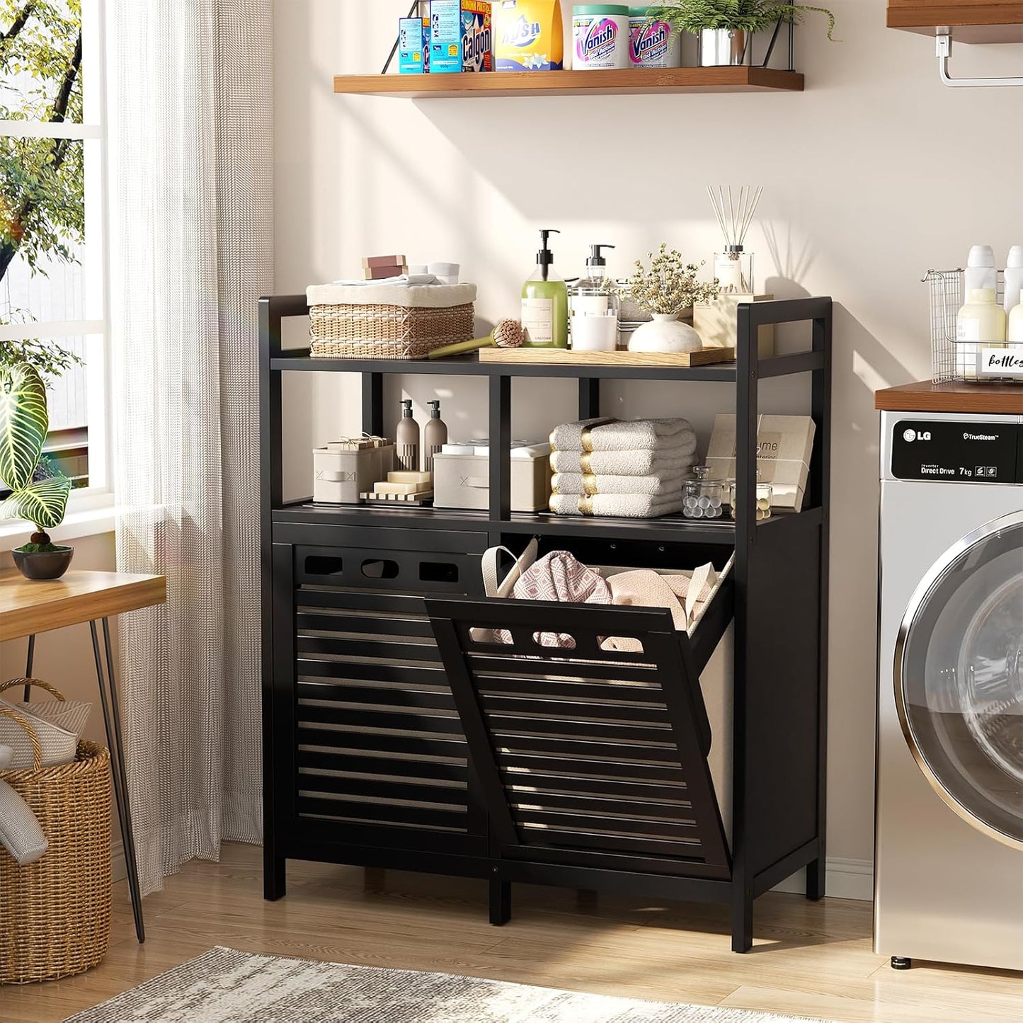 Homykic Tilt Out Laundry Hamper Cabinet, Bamboo Double Laundry Hamper with 2 Removable Laundry Baskets, 20 Gal Laundry Sorter Organizer with Shelf for Dirty Clothes, Bathroom, Laundry Room, Black