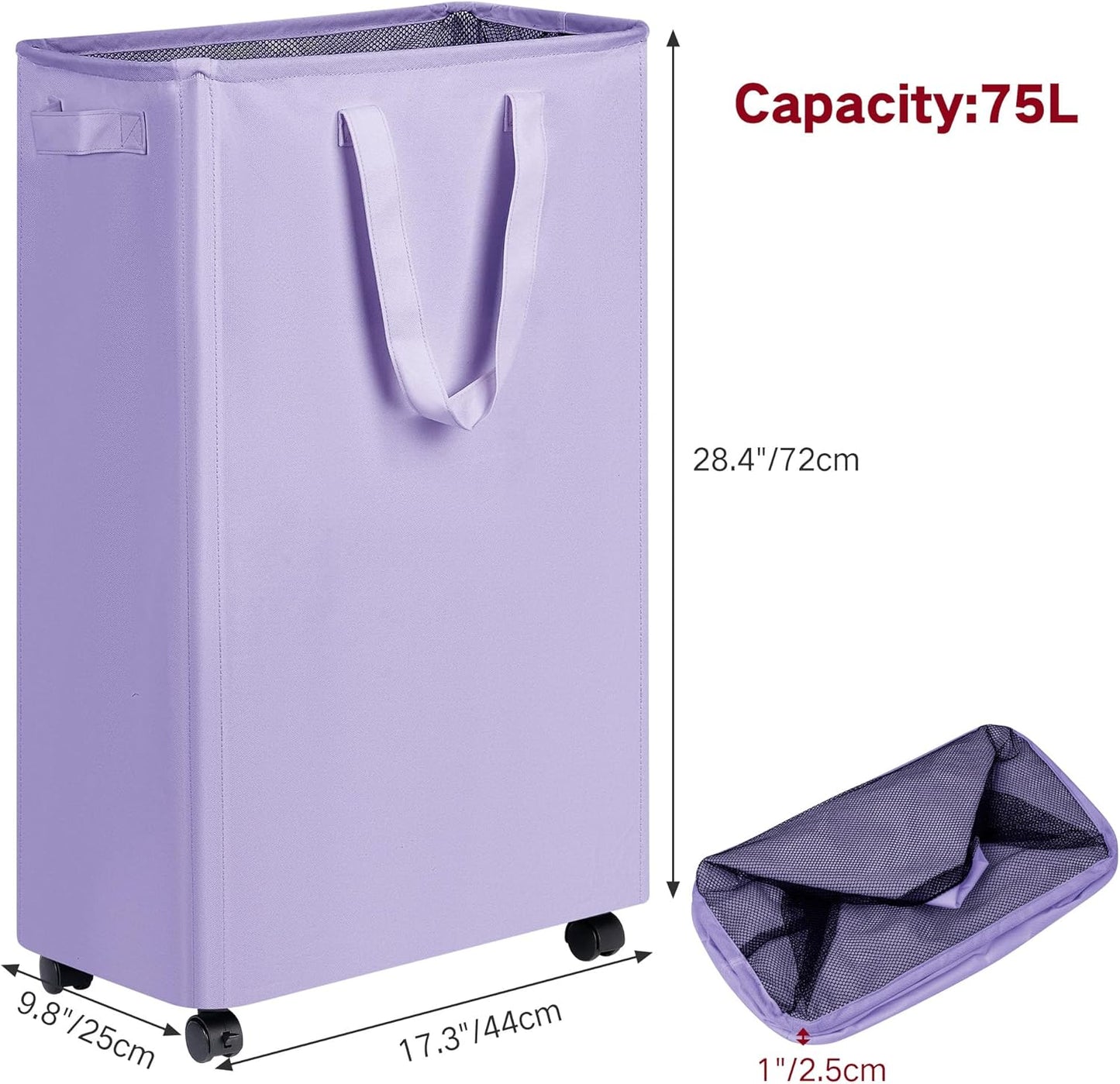 efluky Slim Laundry Hamper with Wheels, Rolling Laundry Basket for Clothes, Small Laundry Basket for Bedroom, Dorm and Laundry Room, 75L (19.8 Gallons) Purple